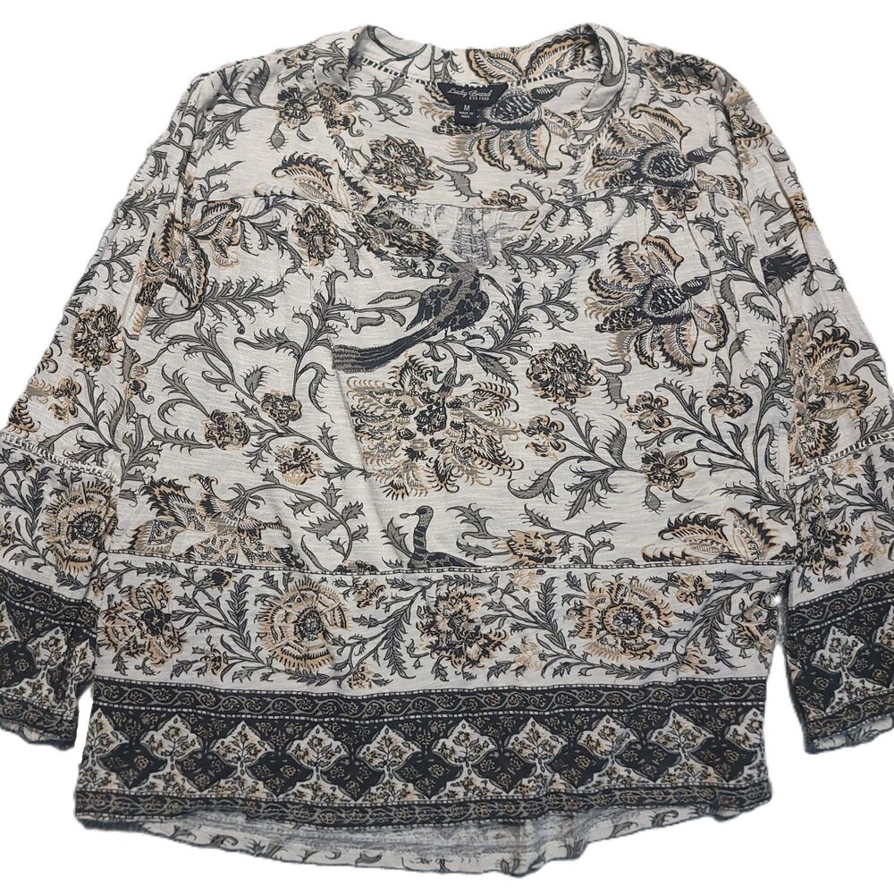 Lucky Brand Blouse Womens M Bird Floral Print V Neck 3/4 Sleeve Peasant Top